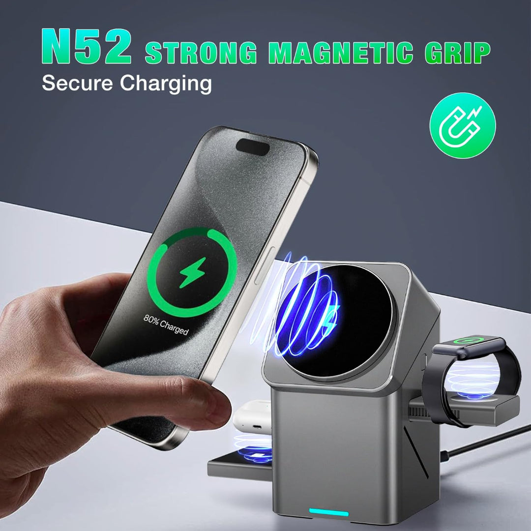 3-in-1 Wireless Charger for iPhone, AirPods Pro & Apple Watch – 15W Fast Charging Station with Foldable Touch Lamp & Rotating Design