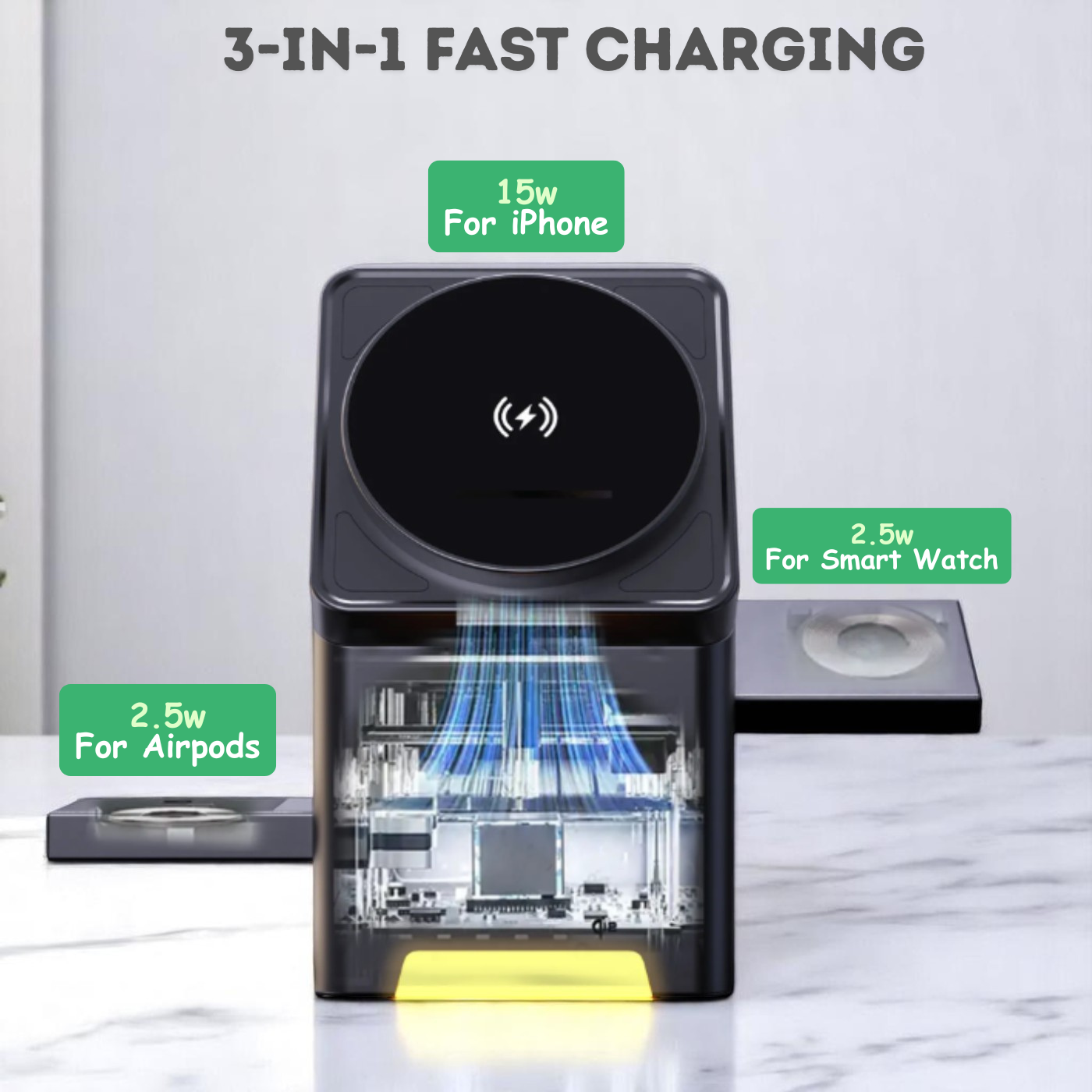 3-in-1 Wireless Charger for iPhone, AirPods Pro & Apple Watch – 15W Fast Charging Station with Foldable Touch Lamp & Rotating Design