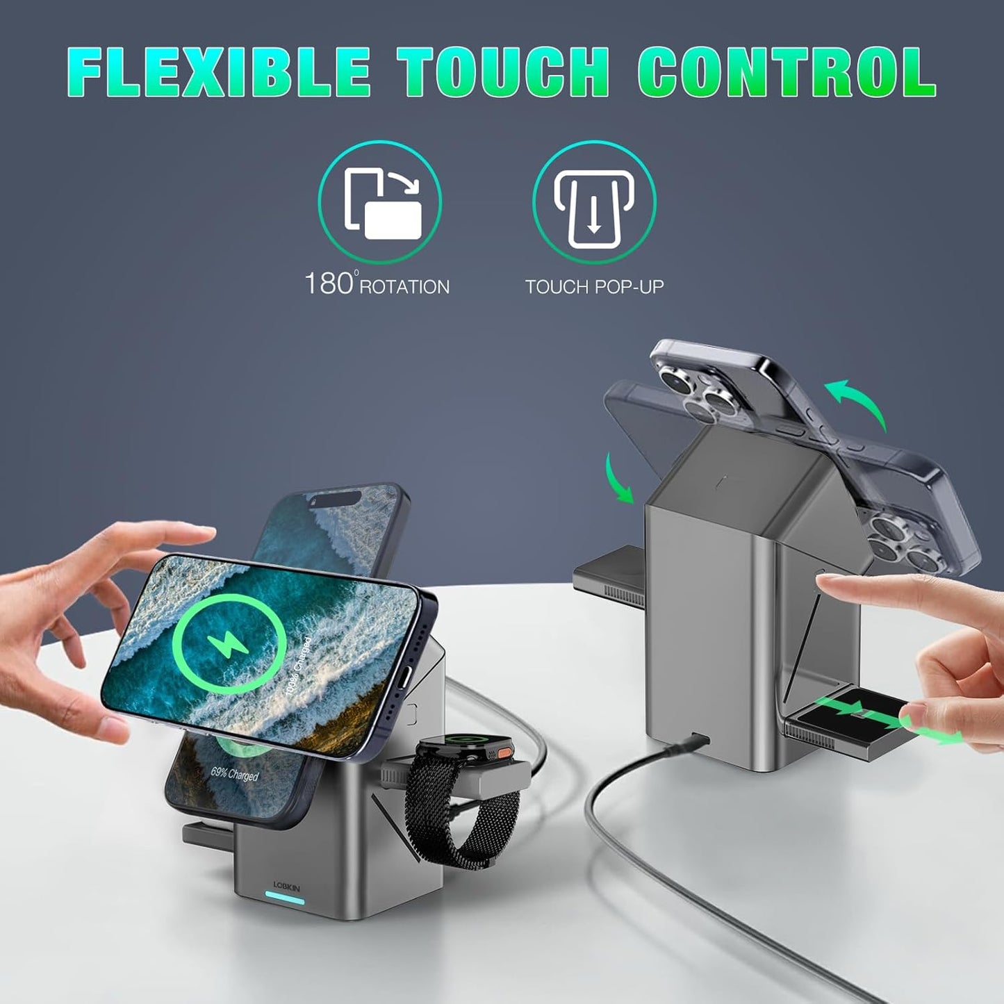 3-in-1 Wireless Charger for iPhone, AirPods Pro & Apple Watch – 15W Fast Charging Station with Foldable Touch Lamp & Rotating Design